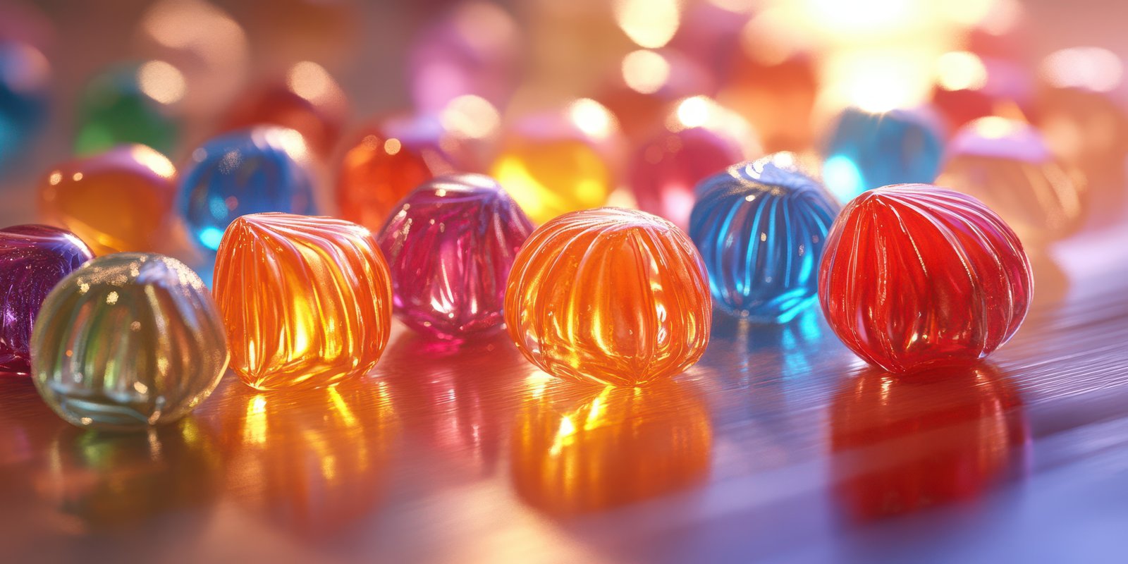Colorful glass marbles arranged on a wooden surface create a vibrant display of light and reflections